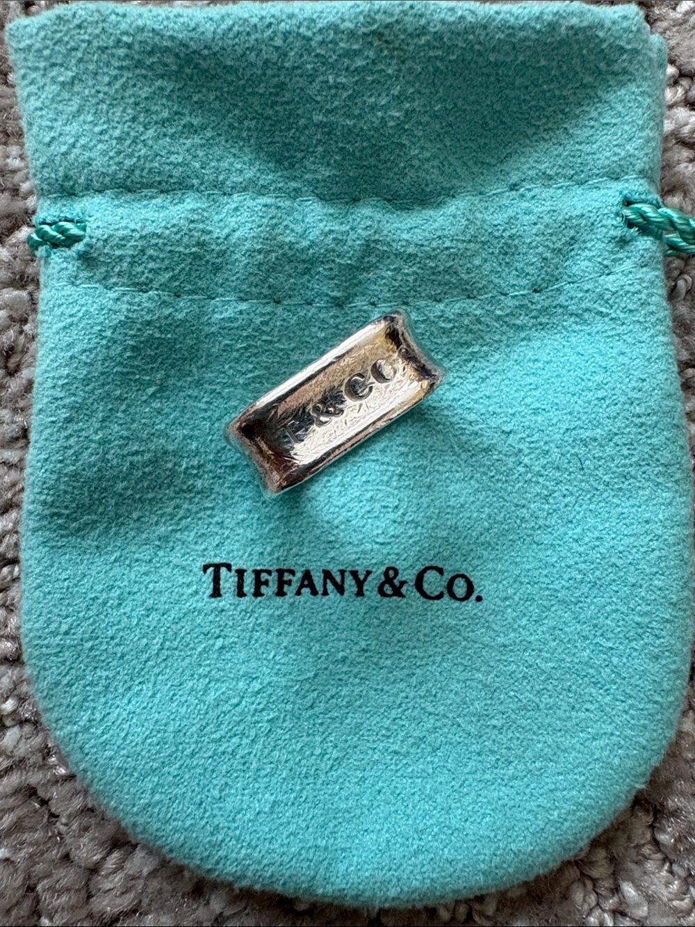 Tiffany & Co. Silver Signature Block Ring with Blue Pouch